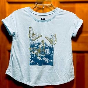 SO Girls Large Light Blue Butterfly Short Sleeve T Shirt Lightweight
